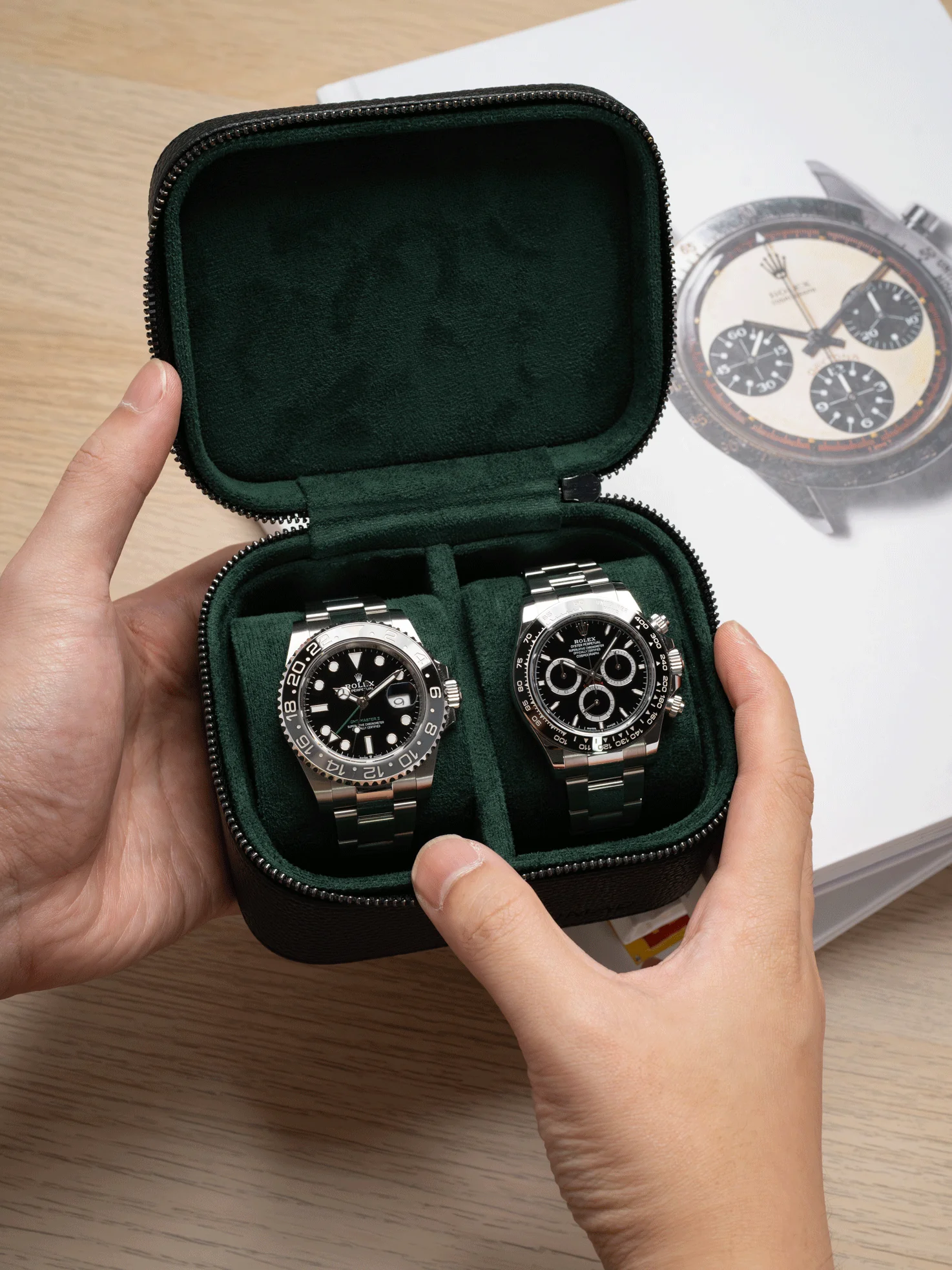 Heritage Leather Travel Case in Black/Green (2 Watch) - Image 3