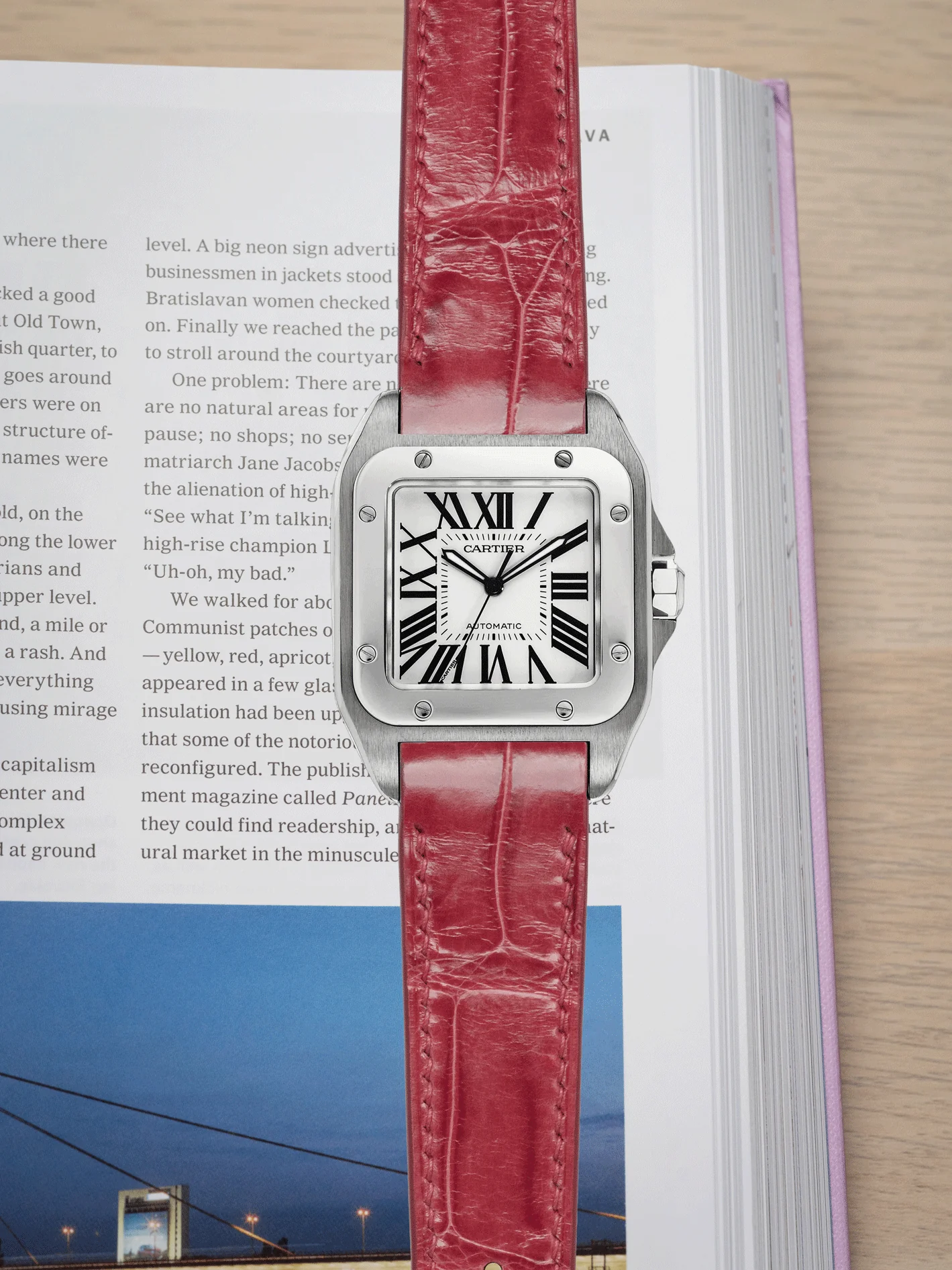 MTO Crocodile Leather Strap in Red (Semi-Glossy) for Cartier Santos 100 - Image 2
